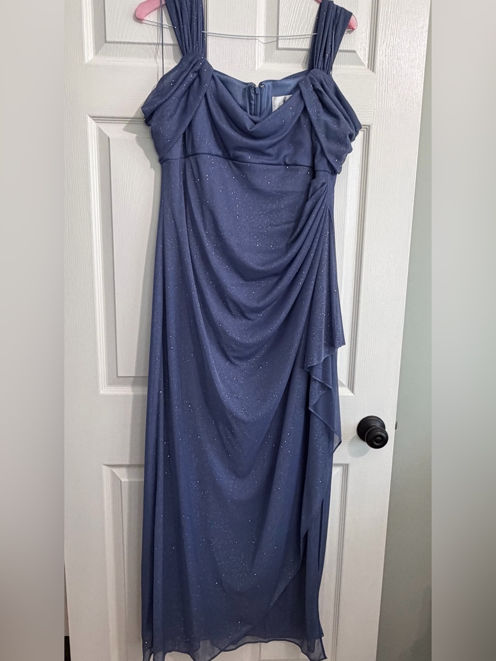 Alex Evenings Sparkle Draped Dusty Blue Evening Gown
